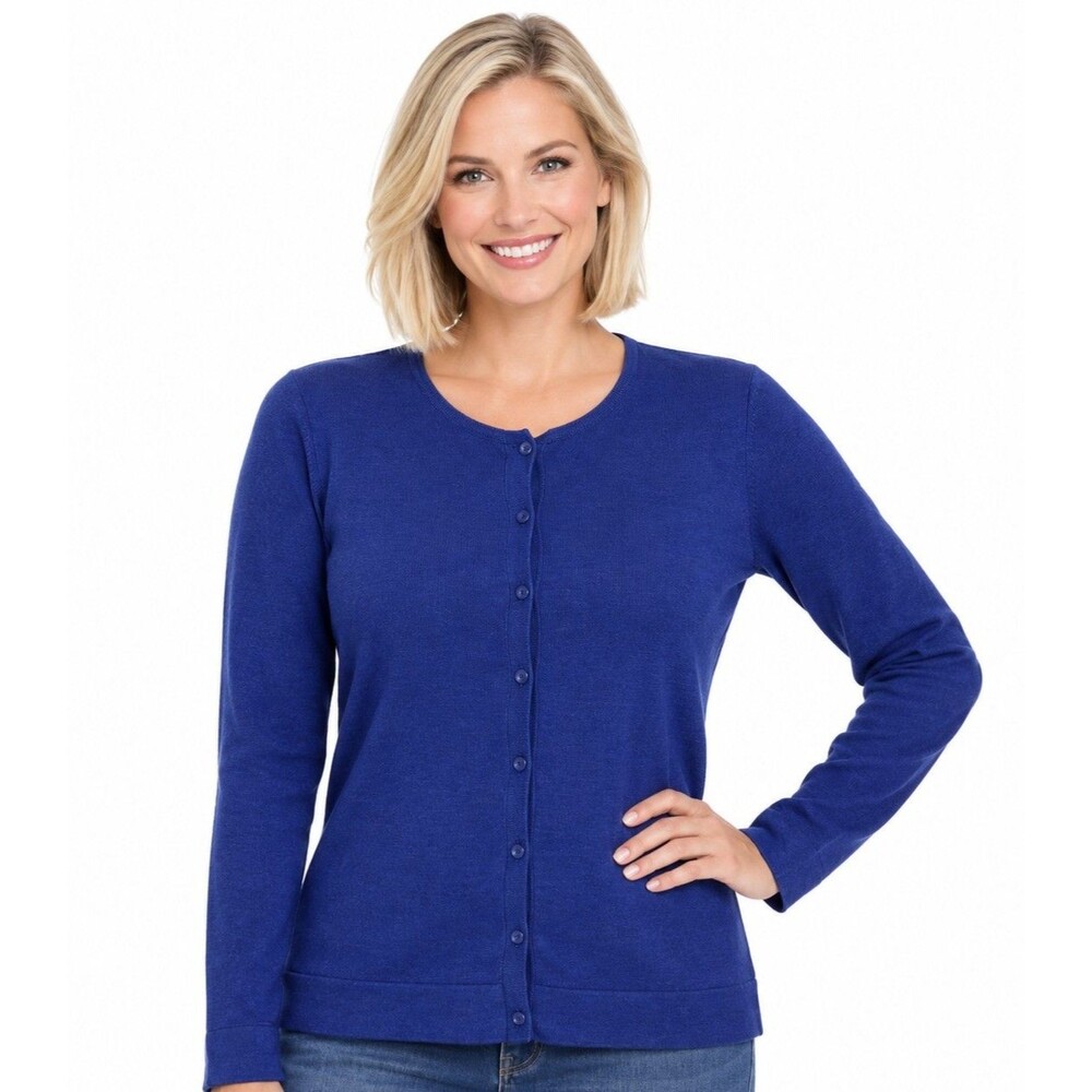 August Silk Cardigan Sweater Womens Small  Blue Knit Button Front Crewneck LS